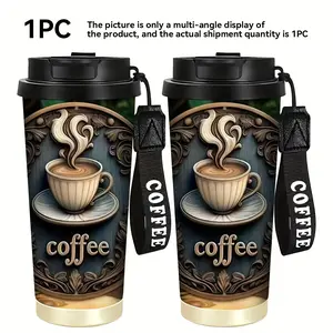 A 18-ounce stainless steel insulated travel mug.Features a 2D printed vintage coffee cup design.Comes with a carrying strap and a straw.Keeps drinks hot or cold.Suitable as a coffee mug, car cup, birthday gift, Christmas gift, or Halloween gift