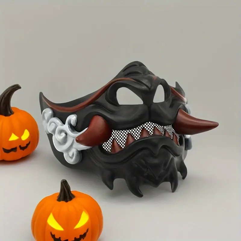 Tactical Samurai Half-Face Oni Mask - 13.5x17cm Lightweight Resin Mask with Mesh Teeth, for Cosplay, Halloween, Airsoft Sports & Outdoor Accessories