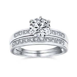 Classic 2CT Round Solitaire 6 Prong Solitaire Pave Band CZ Engagement Ring Set Band Sterling Silver