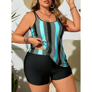 Plus Size Geometric Dot Print Tankini Set, Asymmetrical Hem Two Piece Swimsuit, Beach Pool Tummy Control Wear