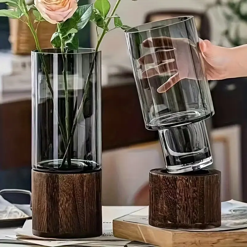 Elegant Glass Vase with Wooden Base, Decorative Vase, Flower Arrangement Vase, Perfect Living Room and Dining Table Decoration, Home Decoration, Ideal Gift for Friends and Family