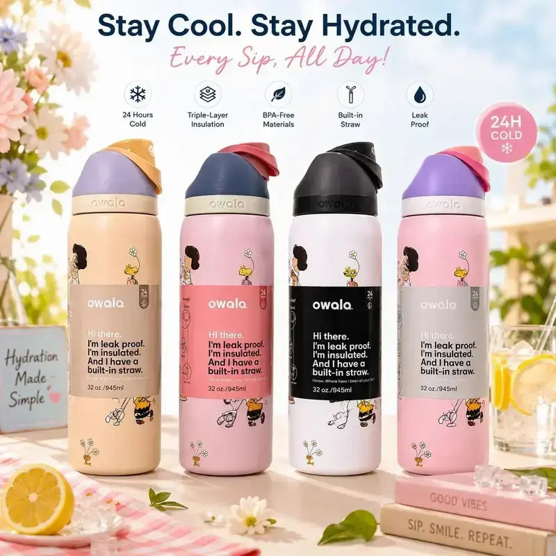 Owala Cute Character Print Water Bottle, 32oz Insulated Stainless Steel Travel Bottle with Leakproof Lid, Double-Wall Vacuum Insulation, Reusable Drink Bottle for School, Gym, Office, Travel & Outdoor Use