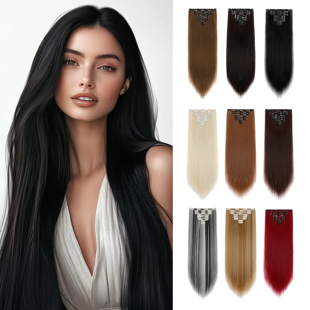 Lansigreen Clip in Hair Extensions, 26 Inch Long Straight Synthetic Extensions for Women, 8 Piece Full Head Set for Daily & Party Wear, Extensions Clip In