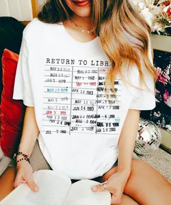 Return to Library Shirt, Vintage Library Card Book Due Date Sweatshirt, Bookish Gift for Her Him Reader Author Librarian English Teacher Shirt, Women's Men's Graphic Round Neck T-shirt