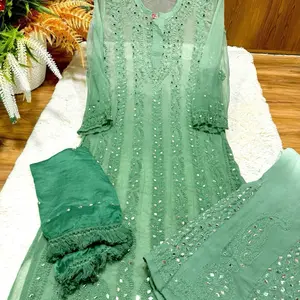 Women Chikankari Suit with Mirror Work, Inner Pants & Dupatta - Green, Elegant Design for Womenswear - Top