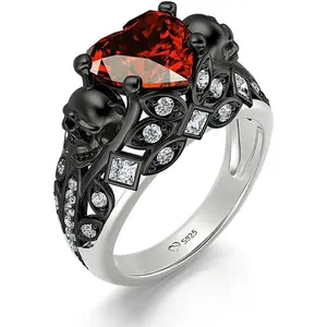 Jeulia 2.55ct Skull Engagement Ring Sets Sterling Silver Heart Cut Red Diamond Ruby Rings Cubic Zirconia Wedding Promise Anniversary Romantic Jewelry for Women Grils Bridal with Gift Box