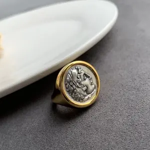 Unisex Ring with Embossed Hercules Ancient Coin Design - Double-Sided Fashion Band Open and Adjustable Vintage Rings Gold Wedding Ring