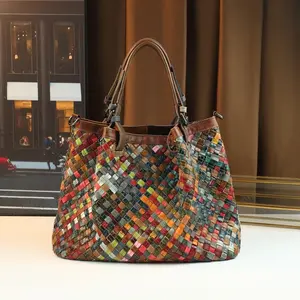 Vintage Colorblock Handmade Leather Woven Tote Bag, Large Capacity Commuter Crossbody Bag, Rainbow Patchwork Design