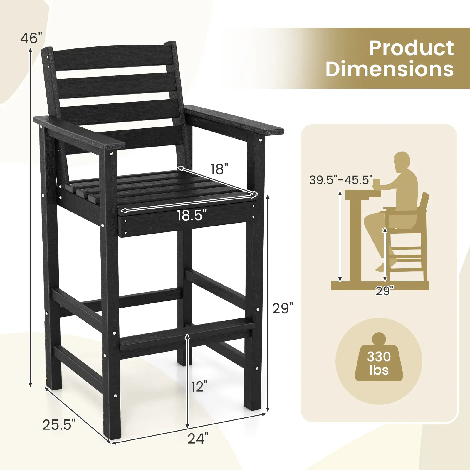 COSTWAY - Patio HDPE Adirondack Bar Chairs Set of 2 with Wide Armrests-Black COSTWAY - Patio HDPE Adirondack Bar Chairs Set of 2 with Wide Armrests-Black