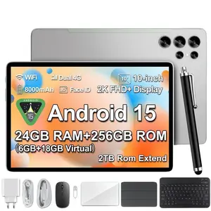2026 Family 2-in-1 Android 15 Tablet, 10.1” Large Screen, 24GB(6GB+18GB) RAM 256GB Storage, Keyboard, Mouse, Stylus, Case Bundle for Kids Learning & Home Use gift,Tablet