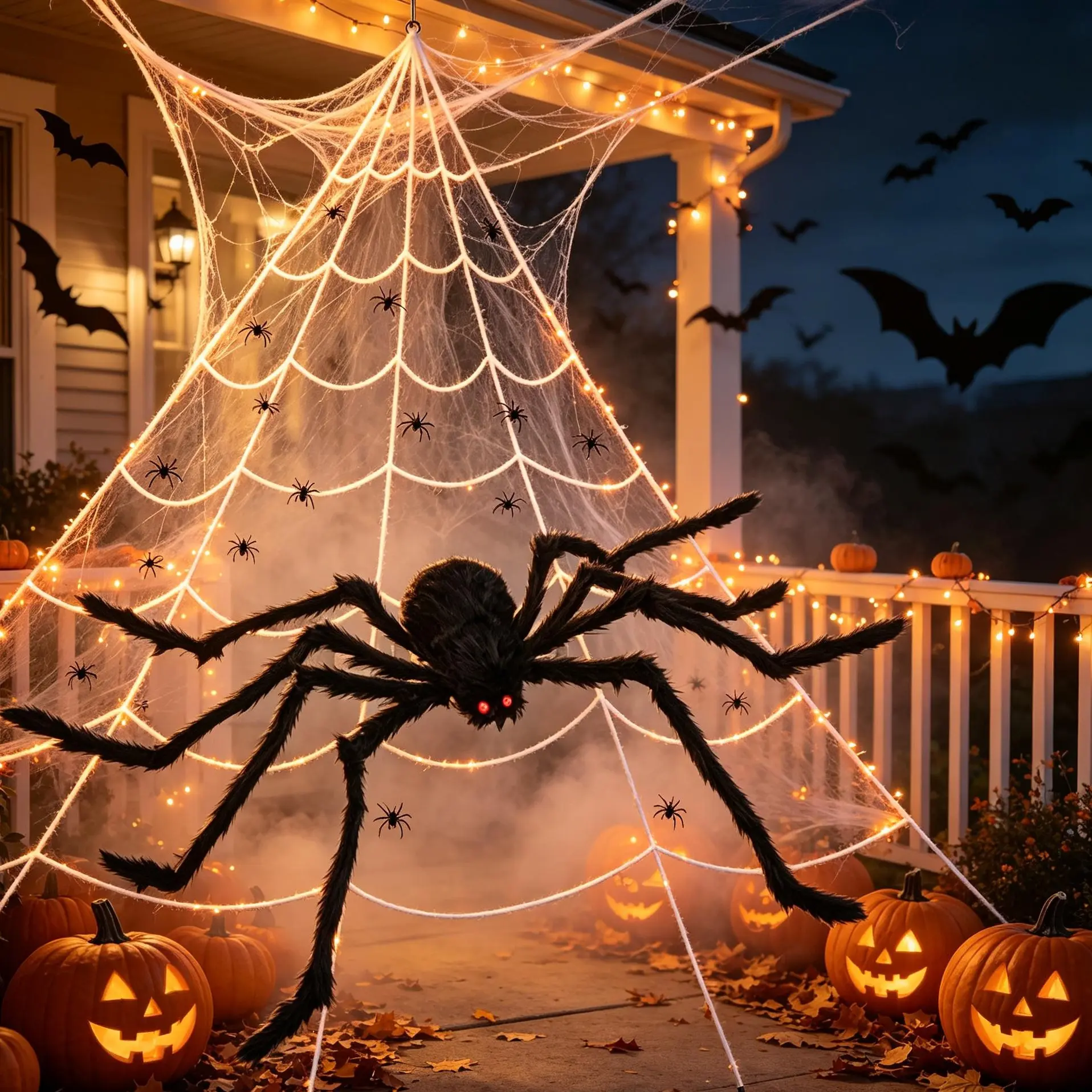 Adjustable Giant Halloween Webbed Cobweb Decor Set - 5M White Cobweb, 150 Black Spiders, 100 Mini Spiders, Hooks & Stakes Included, Ideal for Halloween Aesthetic Haunted House, Outdoor Decor Supplies, Spooky, Party Decoration, Decorations Accessories