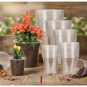 60 Pack 3.5/4/5/6/7 Inch Clear Nursery Pots with Drainage Hole, Variety Sizes Seed Starting Pots Transparent Plastic Flexible Garden Pot for Outdoor Indoor Plants Transparency with 60 Plant Labels