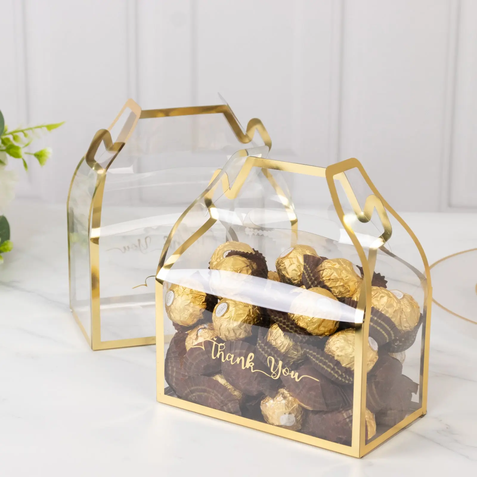 25 Pack Gold-Trimmed PVC Tote Gable Treat Boxes with Thank You Print - Gift Boxes for Presents for Weddings, Parties & Events, Office Stationery Gift Wrapping, 6"x3.5"x7"