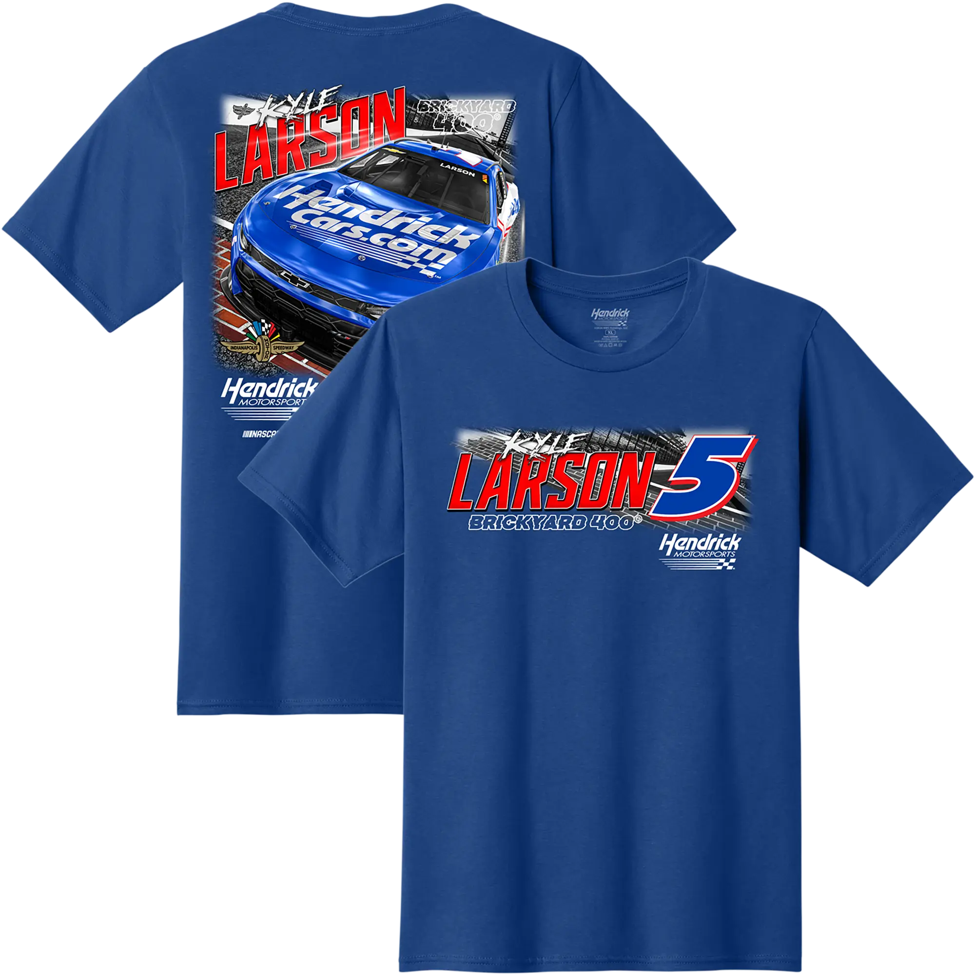 Men's Kyle Larson Hendrick Motorsports Team Collection Royal Brickyard 400 HendrickCars.com Car T-Shirt