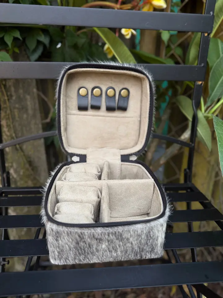 Hide Away Cowhide & Leather Jewelry Box - Handcrafted with Genuine Cowhide, Felt Lining, Zipper Closure, Medium Size, Unique Design for Home or Travel