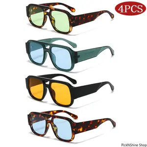 1/4 Sets Unisex Square Sunglasses Double Bridge Large Frame Candy Color Eyewear Lightweight Outdoor Sports Shades Stylish Glasses for Travel Daily Wear