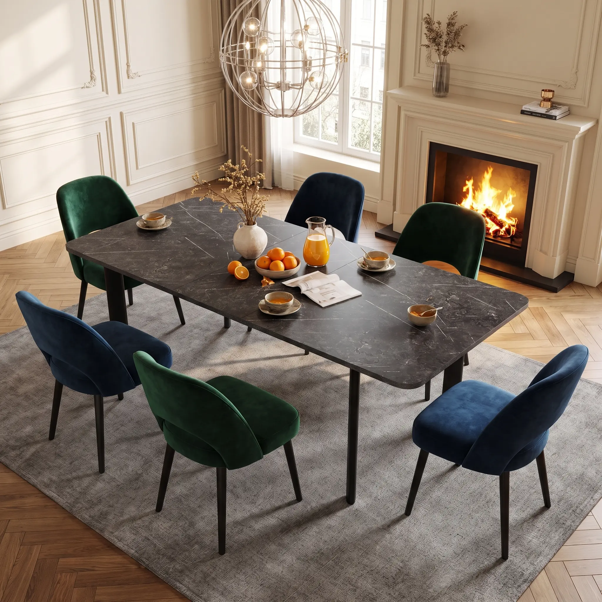 HIPIHOM Modern Faux Marble Rectangular Dining Table - Contemporary Table with Dark Texture, Rounded Anti-Bump Corners, Spacious Easy-Clean Top, Minimal Black Legs, Sturdy Construction Small Dining Room Furniture for Apartments