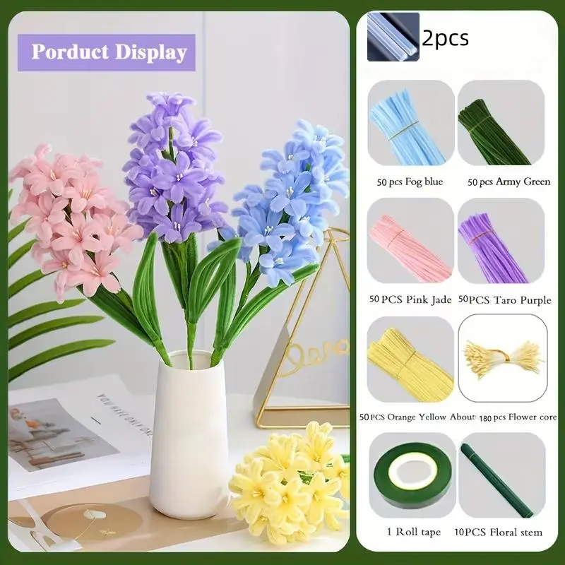 443 Piece Hyacinth Pipe Cleaner Artificial Flowers Bouquet Set, Includes 250 Cleaning Sticks, 10 Flower Sticks, Tape, DIY Craft Kit for Home Decor, DIY Floral Decoration