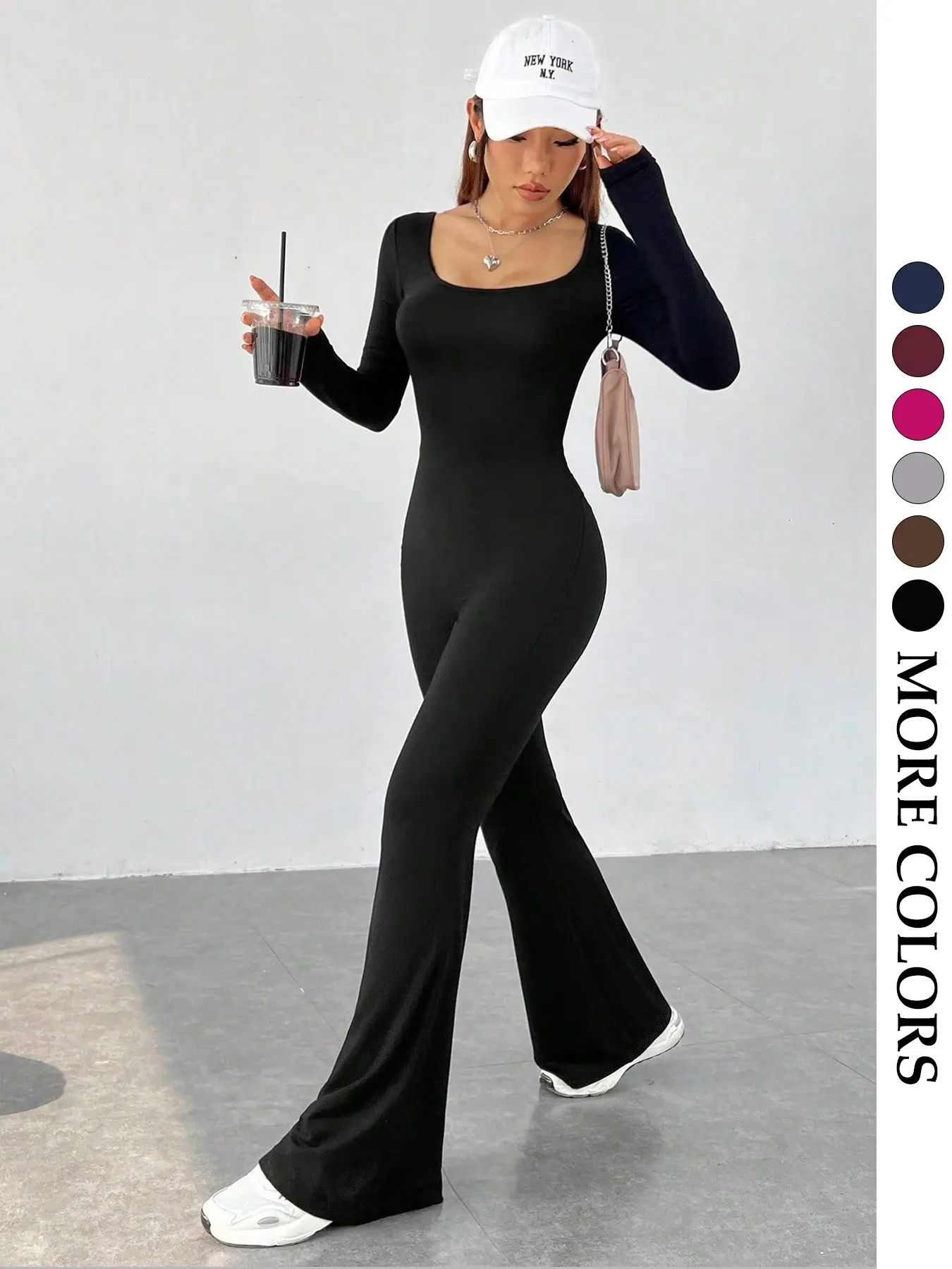 Women's Round Neck Jumpsuit, Long Sleeve Fitted Micro Flare Pants, Yoga Fitness Inner Wear, All Seasons Casual, Yoga Jumpsuits, Tight Fitting Jumpsuit, Plain Jumpsuits, Yoga Workout Jumpsuit