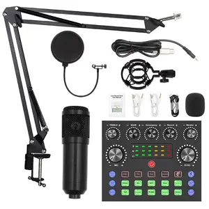 Podcast Equipment Bundle, Wired Microphone. Equipped with BM800 Black Metal Condenser Microphone and V8 Sound Card & Voice Changer — Audio Interface Device. Ideal for recording, singing, streaming and gaming scenarios.