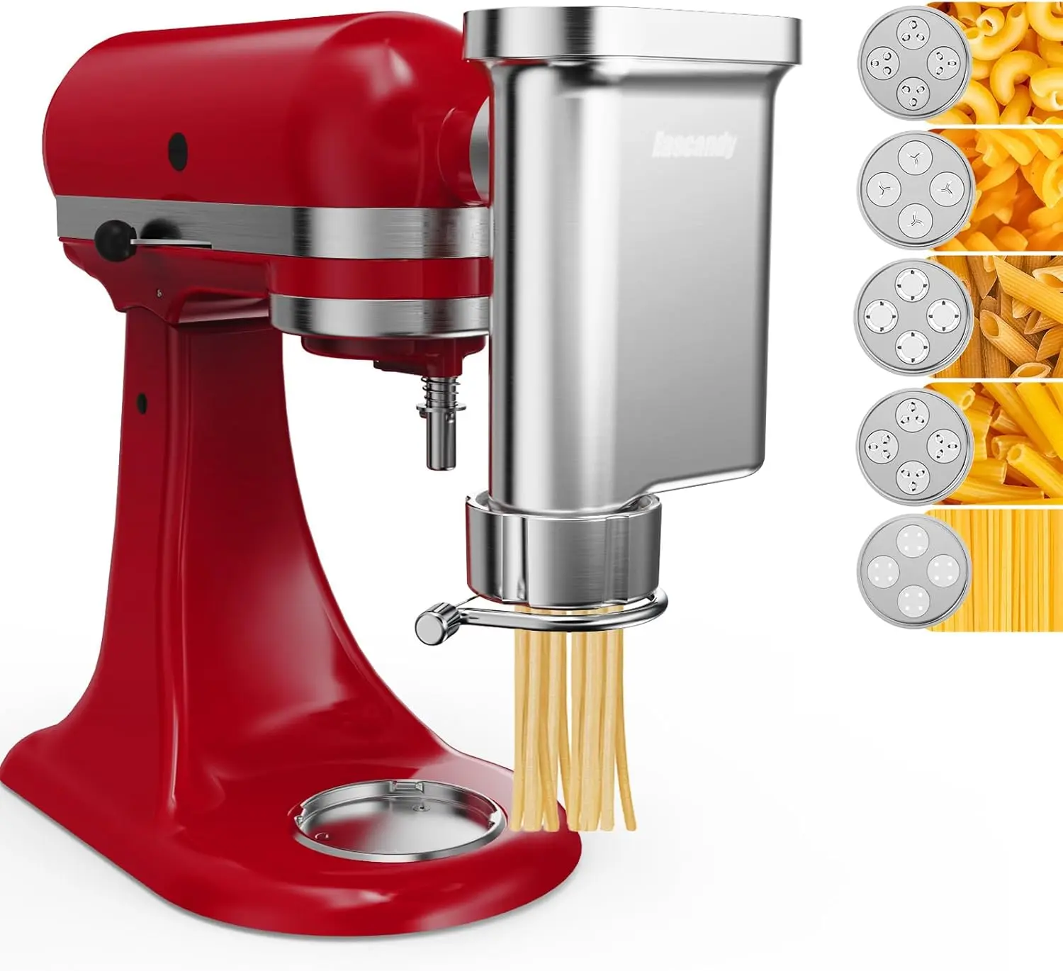 Metal Gourmet Pasta Press Attachment for  Stand Mixer  Durable Pasta Maker Attachment with 5 Interchangeable Plates for Spaghetti, Bucatini, Fusilli, Large & Small Macaroni