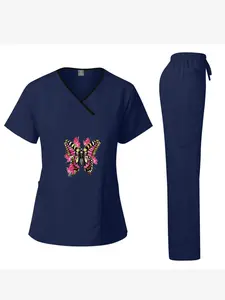 Women's Pink Butterfly Floral Graphic Scrub Set, Trendy 2-Piece Medical Uniform (Contrast V-Neck Top & Cargo Pants) for Nurses and Healthcare Professionals