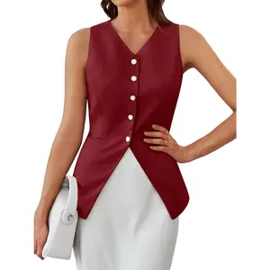 FMEYOA Womens Summer Suit Vest Tops Fashion Casual Sleeveless Blazers Split Hem Button Down Linen Work Waistcoat
