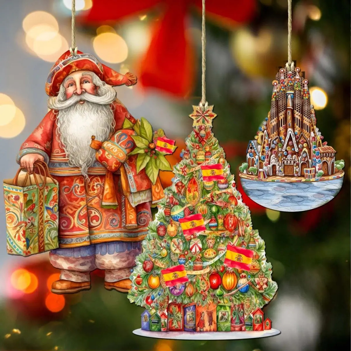4.5x3 in. Spanish-Inspired Santa Wooden Ornaments, Set of 3 - Christmas Tree Decor, Festive Home Gift Around the World
