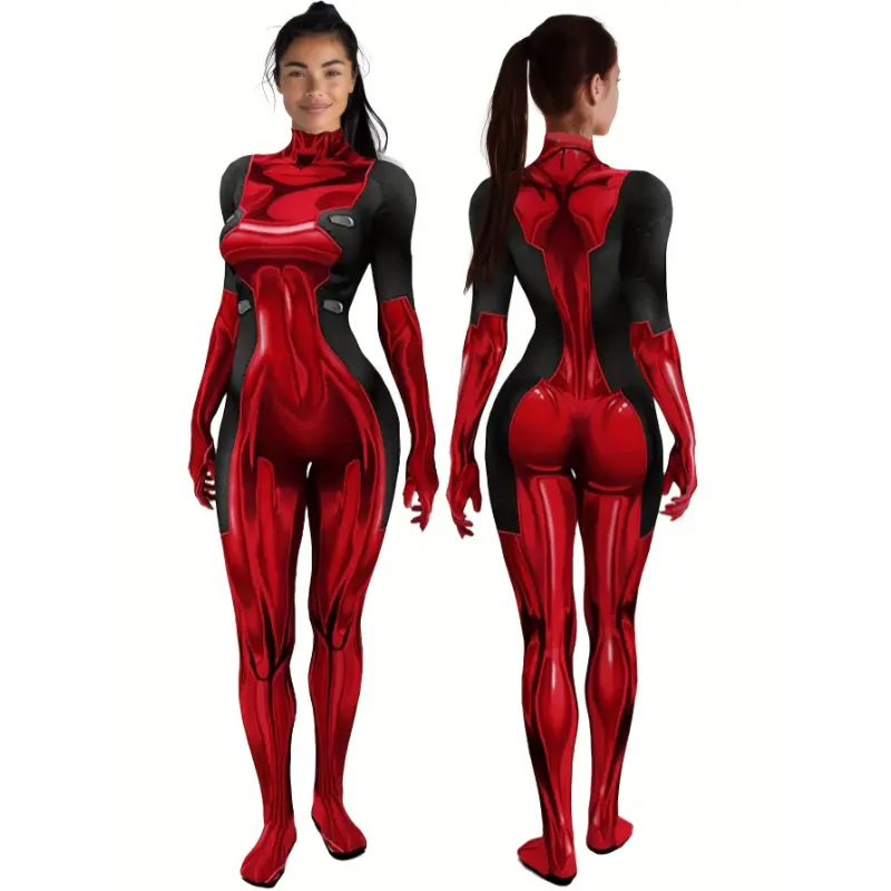 [Red Superhero Costume] Red Superhero Women's Halloween Costume Jumpsuit - 3D Print Spandex Zentai Suit with High Neck & Long Sleeves, Stretchy & Form-Fitting for Cosplay & Party Fun