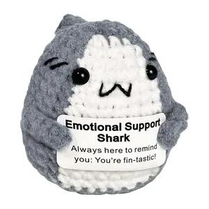Cute Shark-Shaped Crochet Soft Stuffed Animal Emotional Support Decor, Creative Desktop Decoration Ornament, Handmade Crochet Shark Party Decoration with Encouragement Card