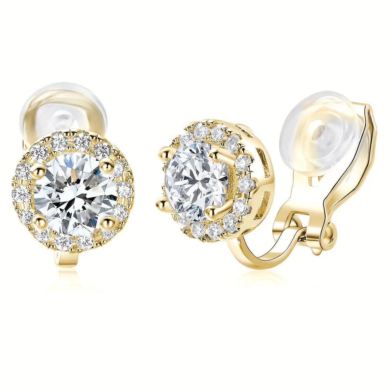 14K Gold Plated CZ Halo Clip-On Earrings for Non-Pierced Ears, Round Stud Earrings for Women and Men