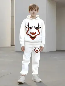 Pure Bottom Pennywise Clown Hoodie Set, 3D Minimalist Horror Style Boys' Sweatshirt & Pants Two-Piece Set, Spring & Fall