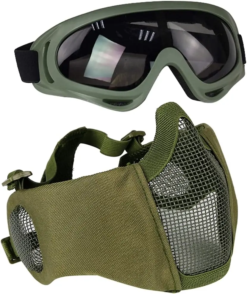 AOUTACC Airsoft Protective Gear Set, Half Face Mesh Mask with Ear Protection and Tactical Goggles for Adult Men Women BBS Paintball Shooting CS Survival Games Cosplay Aoutacc