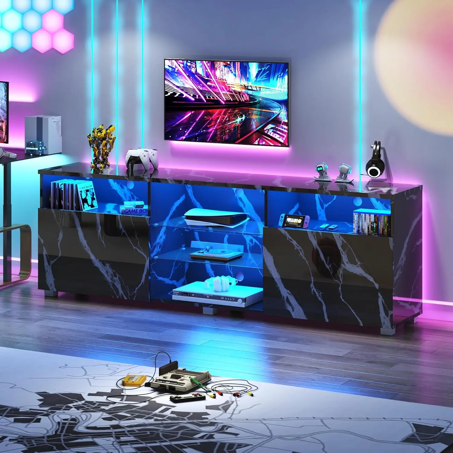 LED TV Stand for up to 80" TVs, 70" Large Modern Entertainment Center Console Table Gaming Soundbar Shelf with 2 Storage Cabinet for Living Game Room Bedroom(Black/Black Marble/White Marble)