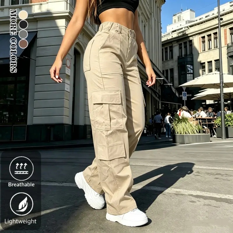 Women's High-Waisted Polyester Cargo Pants - Straight/Wide-Leg Styles with Multiple Slanted Flap Pockets, Everyday Casual Fashion Women's Bottoms