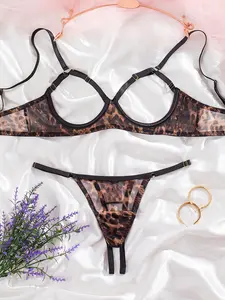 Women's Leopard Pattern Mesh Sexy Lingerie Two-piece Set, Sexy Adjustable Strap Cut Out Bra & Thong Set, Soft Comfy Breathable Lingerie Set for Women Underwear Sets