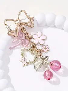 Cherry & Flower Bow Bag Charm Pendants, Hollow Bow Clasp Bag Chain Charms, Multi-Charm Beaded Bag Decoration Keychain, Sweet Coquette Bag Pendant for Backpack Purse, Ideal for Girly Fashion Lovers & Spring Style Enthusiasts, Charms for Bags