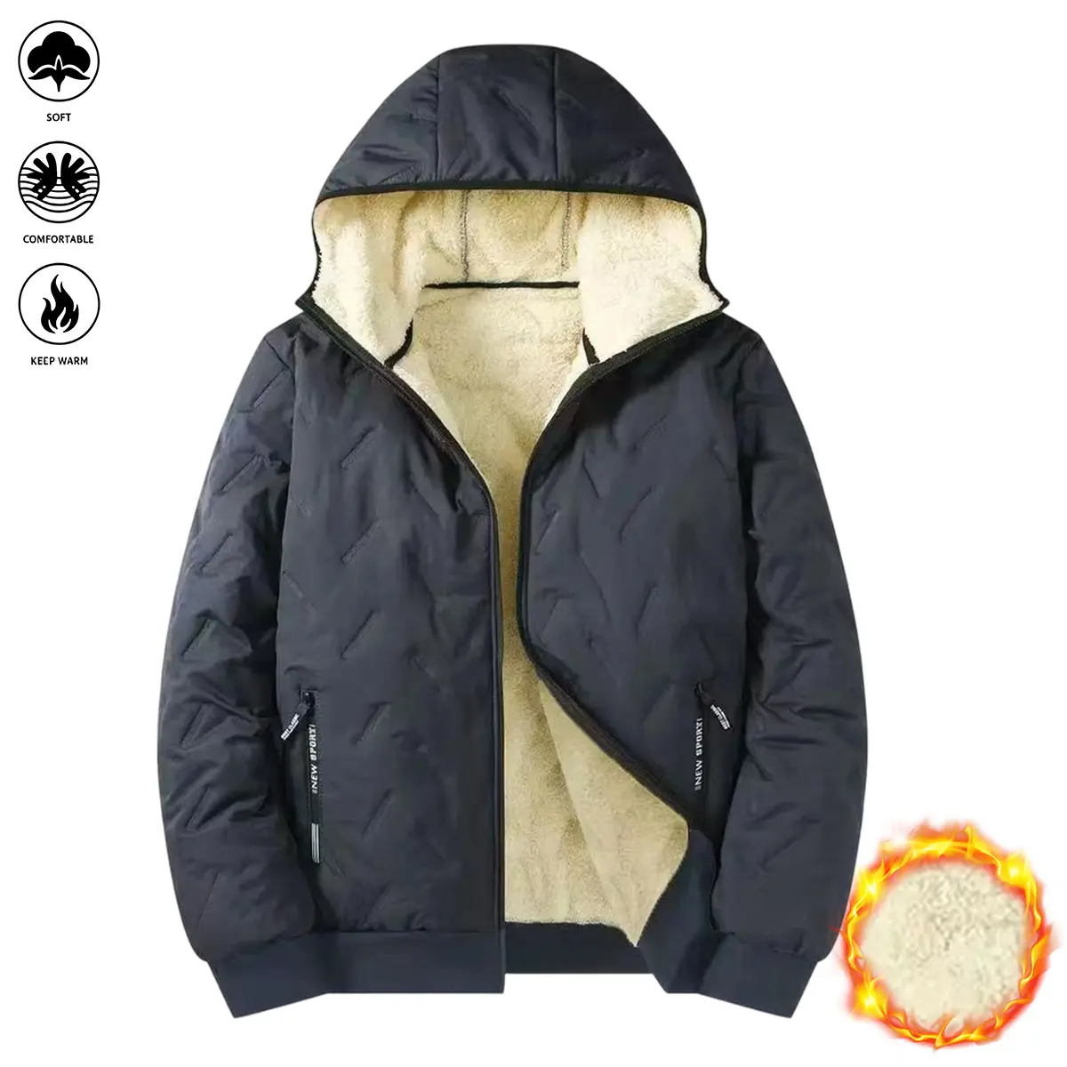 JOGWAVE Men’s Slim Fit Winter Jacket – Solid color, fleece lining, polyester fiber, hooded design, windproof and warm, suitable for outdoor commuting, woven material, protective hood, long sleeves that cover arms, minimalist style keeps outfits clean