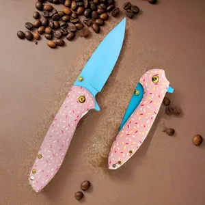 Donut Folding Pocket Knife, D2 Steel Blade, G10 Handle, Small EDC Knife with Pocket Clip, Great for Camping, Survival and Hiking