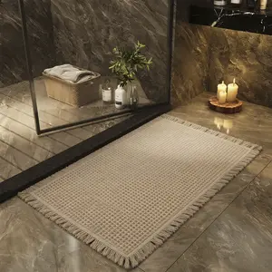 Neutral Waffle Weave Bath Mat with Fringe, Soft Absorbent Non-Slip Bathroom Rug, Quick Dry Washable Shower Mat,Neutral Boho Farmhouse Floor Mat 100 dollar decor comfortable flannel