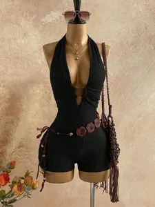 Meghana Women's Textured Knit Backless Jumpsuit With Round Ring Decor, Elegant For Summer Beach