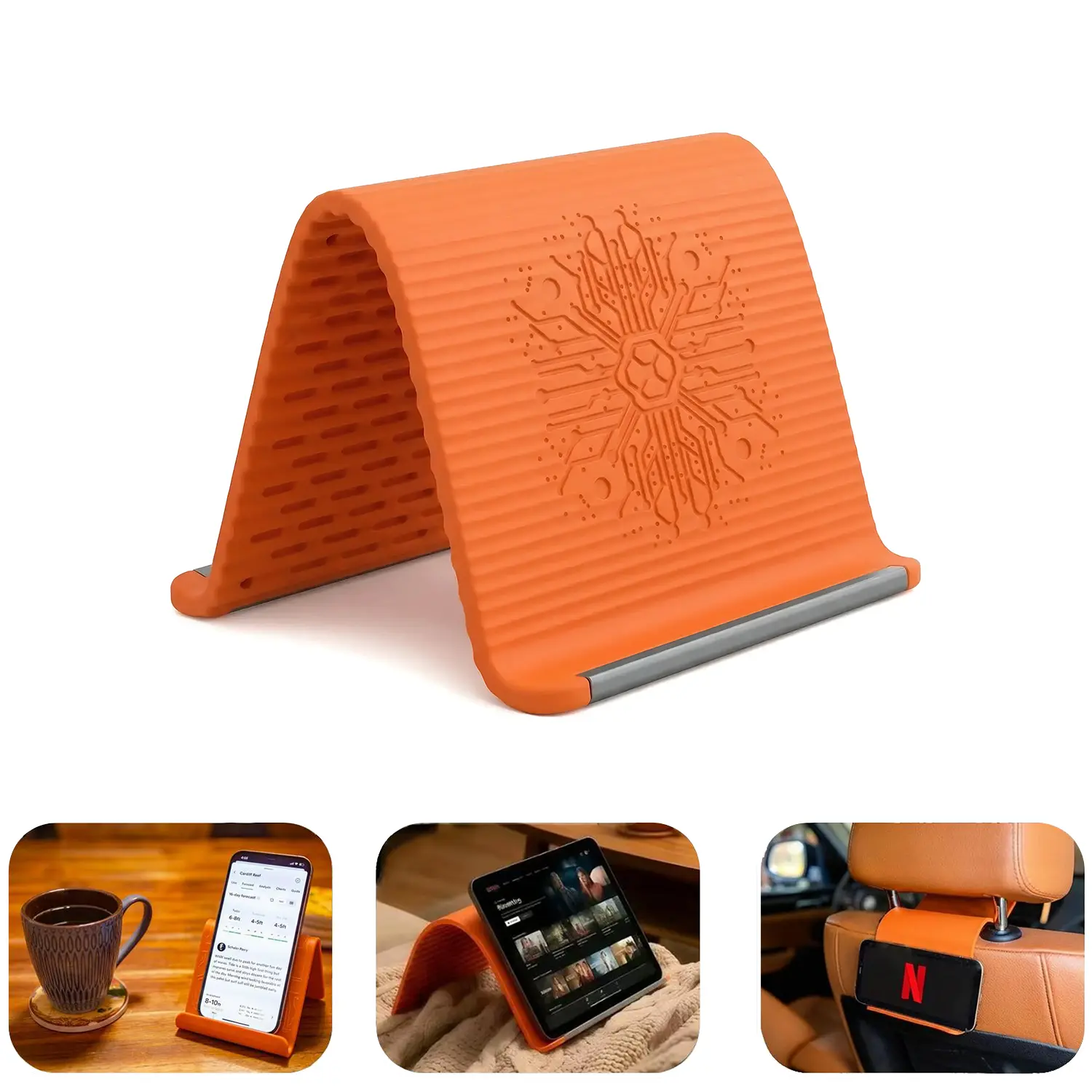 Portable Foldable Silicone Phone Holder,Bendable Freely into Any Shape, Multi-Angle Adjustable Stand for Mobile Phone, Tablet, Laptop, Anti-Slip Desktop Mount, Universal Fit, Home Office Travel Use, Orange Black