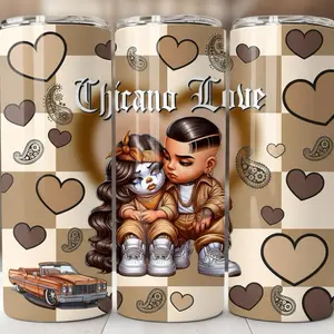 Chicano Checkered Sublimated Tumbler with Heart and Paisley Design