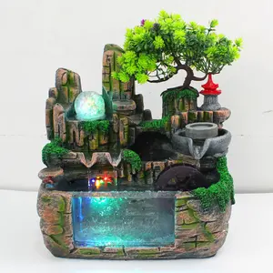 CNCEST LED Rockery Fountain Mini Waterfall Atomizing Effect FengShui Decor Desk Ornament Decoration Round  Stress Relief Carving Landscape Art Gift