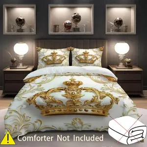 3pc Bedding Set, Gold Crown & Baroque Print, Luxury Court Theme, Includes 1 Duvet Cover, 2 Pillowcases, Polyester