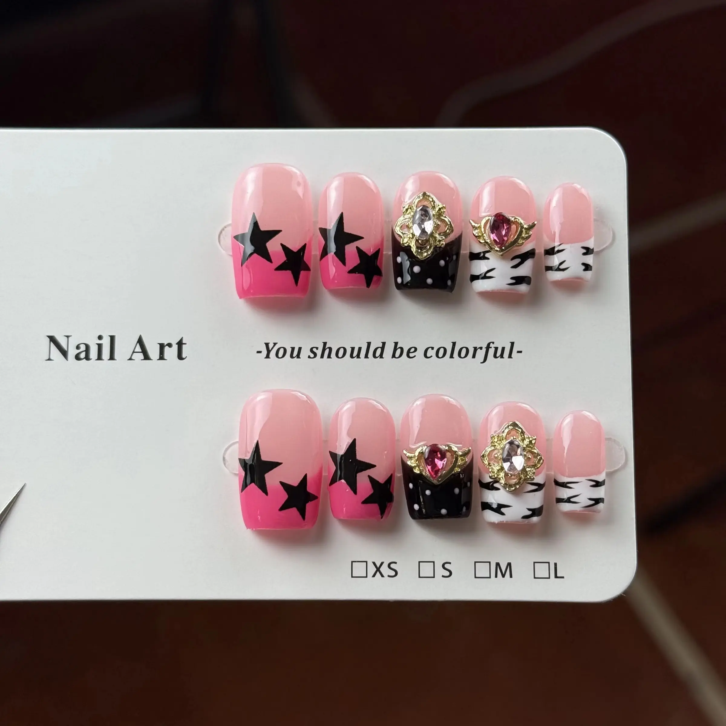 10pcs high-end Sweet and cool spice girl style, hand-painted zebra stripes, stars, and sparkling heart diamonds handmade square fake nails, Elegant Rhinestone Design Decorated