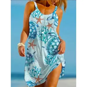 Full-size  Turtle Digital Print Casual Sleeveless Sexy Spaghetti Strap Dress