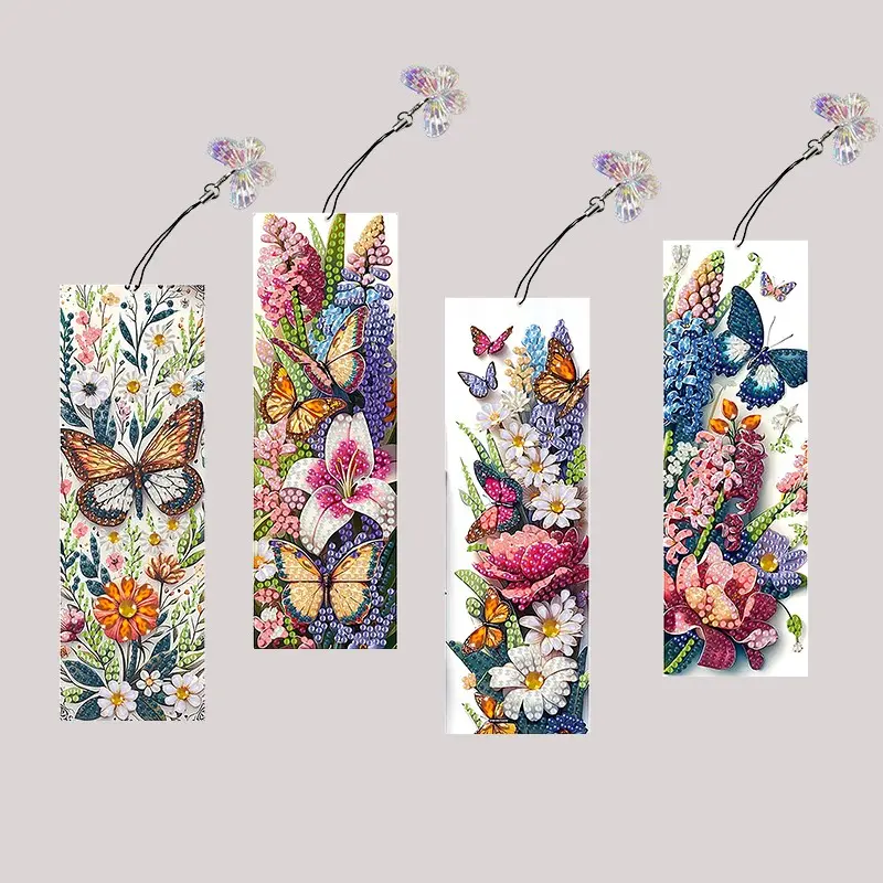 4-Piece Butterfly Flower Diamond Art Bookmark Set, Cute Crystal Pendant, DIY Bookmark Kit for Women, Adult Beginners Craft Supplies, Acrylic Bookmark Blanks