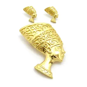 Hip Hop Gold Plated Egyptian Style Egypt Horus Bird, Nefertiti, Ankh, Ma'at Brooch Pin & Stud Earring Jewelry Set