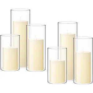 Set of 6 Pillar Candles with Glass Cylinder Vases Clear Cylinder Hurricane Candleholders for Slim Tall Pillar Candles Wedding Table Centerpieces(2.6'' X 4.7'', 5.9'', 7.9'',)
